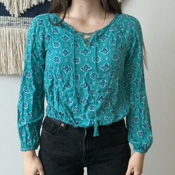 Hollister Teal Patterned Peasant Blouse Boho hippie festival - Picture 4 of 10